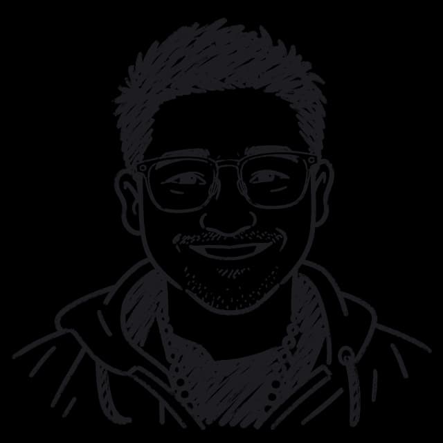 A pen doodle of Louie: short spiky dark hair, clear glasses, a wide smile with stubble, a bead necklace, and a hooded sweatshirt.
