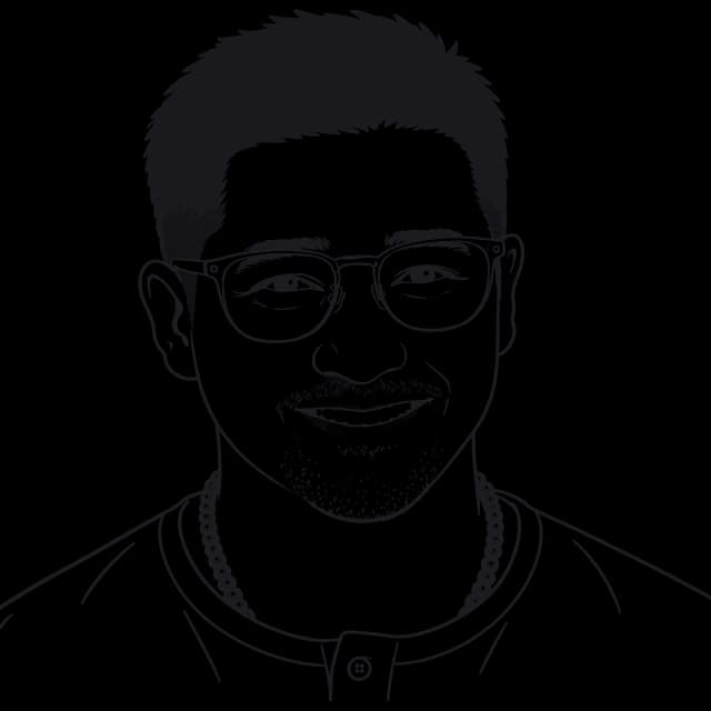 A line drawing of Louie: short dark hair, clear glasses, a wide smile, a bead necklace, and a henley shirt.