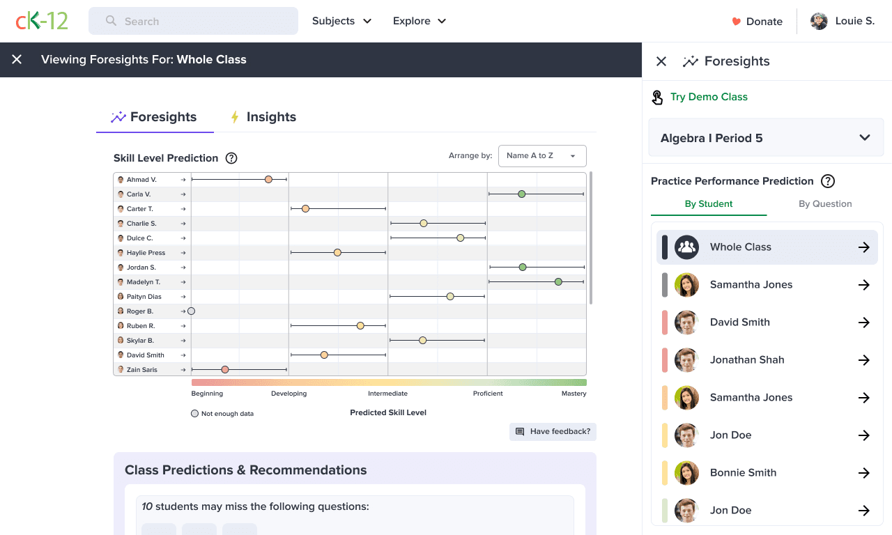 Foresights shows predicted skill ranges for a demo class and marks students with insufficient data.