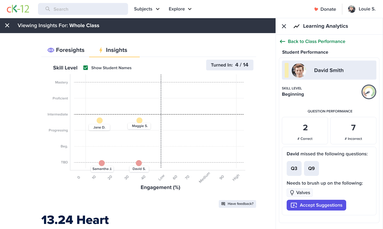Insights demo-class scatterplot separating skill from engagement, with a student detail panel.