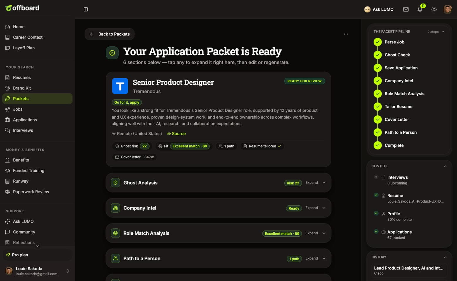 Offboard application packet ready for review, with job fit, research sections, tailored materials, and a completed pipeline.