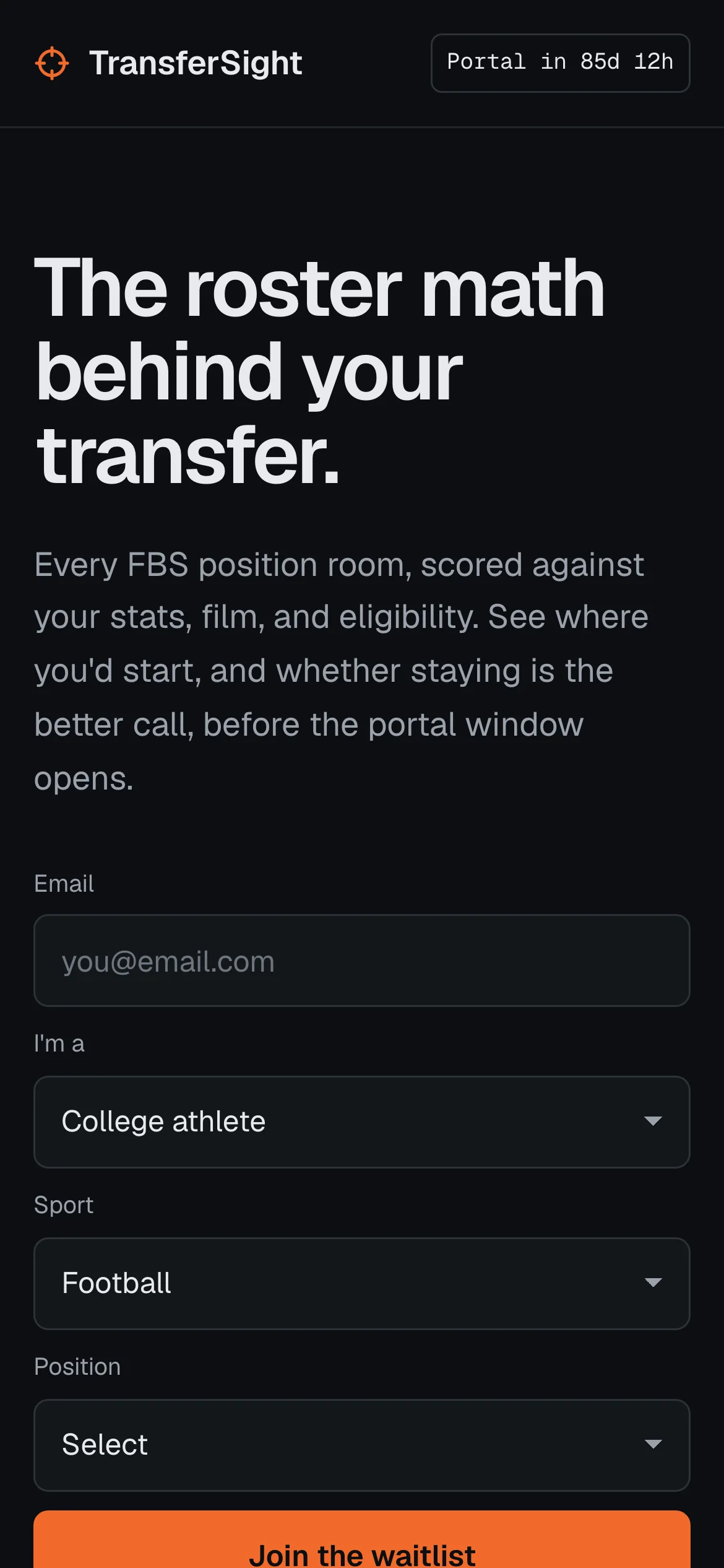 The same landing page on a phone: the logo, a countdown to the portal window, the headline, and the waitlist form stacked in one column.